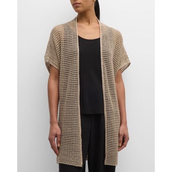 EILEEN FISHER Open Knit Linen Cardigan Women 1X 2X Natural Tan Dolman Sleeve NEW - Picture 1 of 16